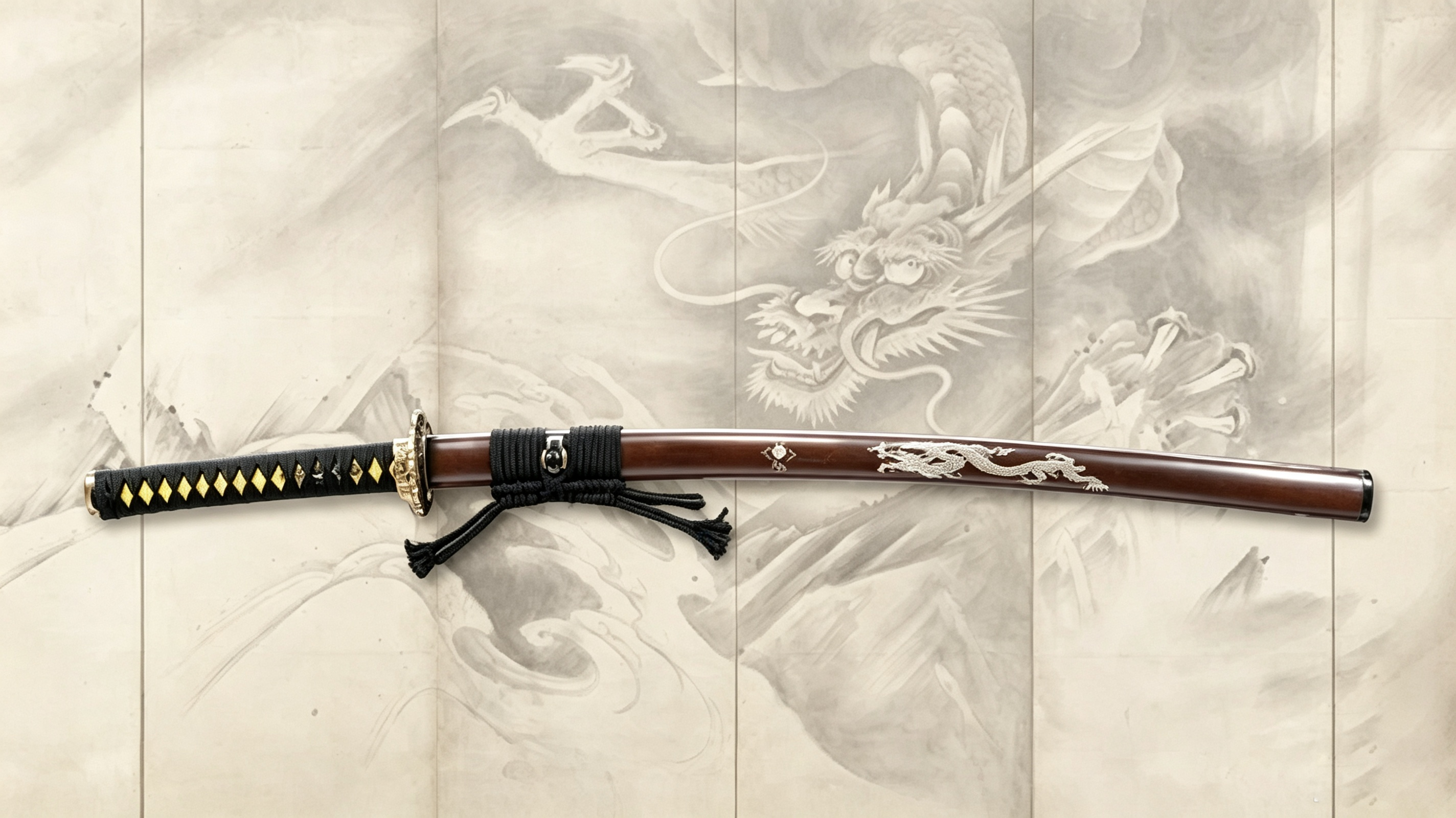 Dragon samurai katana laid flat against faint vintage Japanese ink dragon screen, traditional dragon motif nihonto display photograph