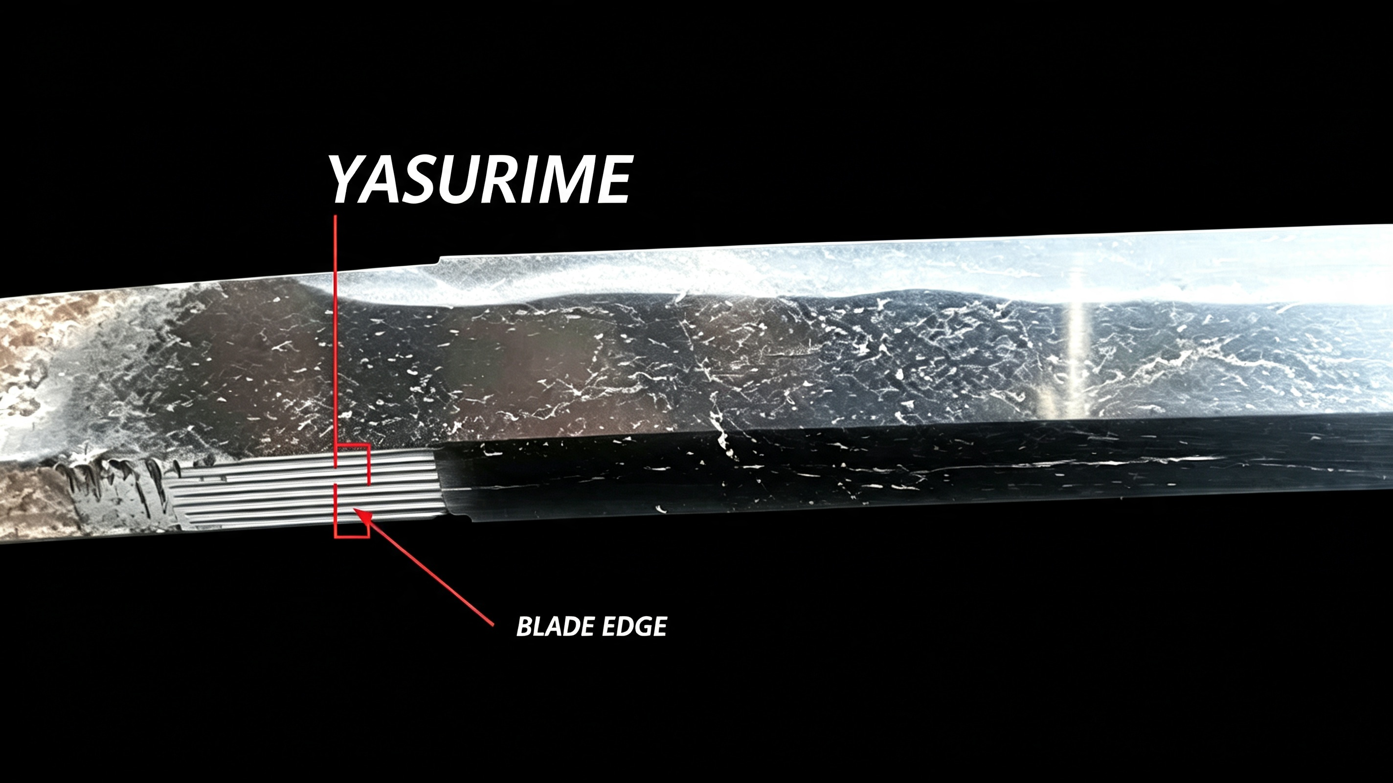 Close‑up photograph of nihonto blade showing yasurime file marks near habaki area, black background with technical annotation