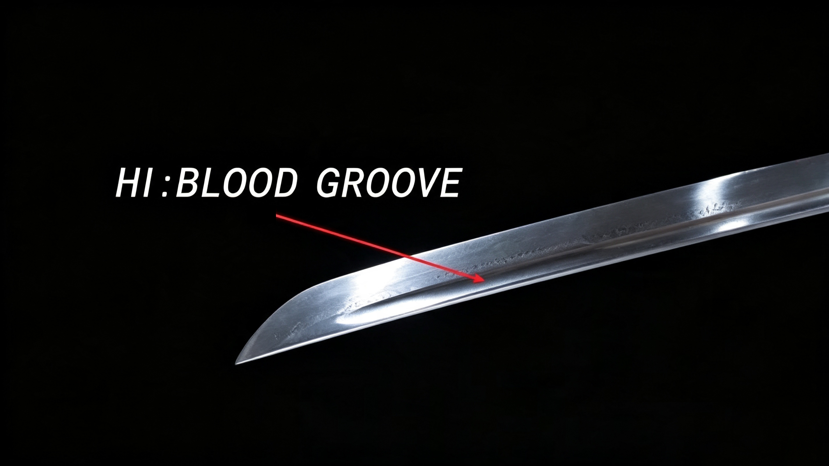 Close‑up studio shot of polished katana blade with annotated hi blood groove against solid black background, nihonto detail photograph