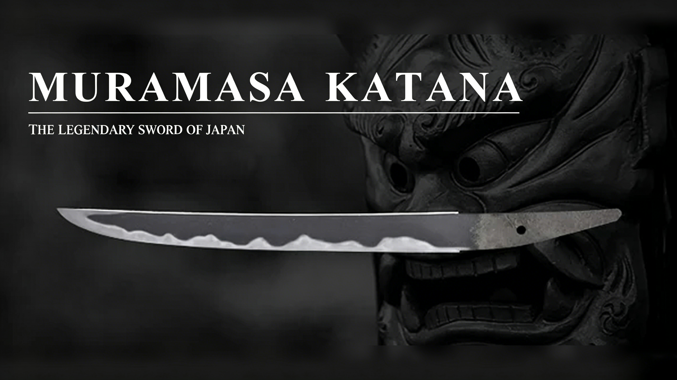 Muramasa katana bare blade with hannya demon mask on dark black background, blog cover titled Muramasa Katana — The Legendary Sword of Japan