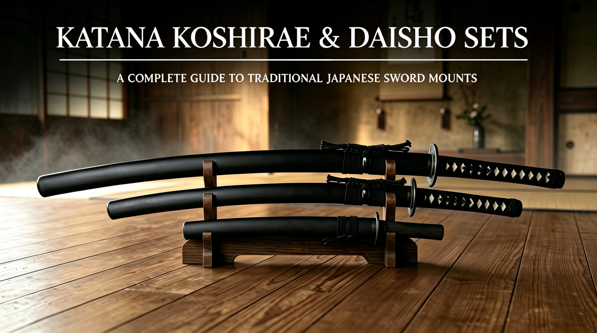 Three-piece samurai sword collection, katana, wakizashi and tantō displayed on multi-tier dark wooden stand inside traditional Japanese room