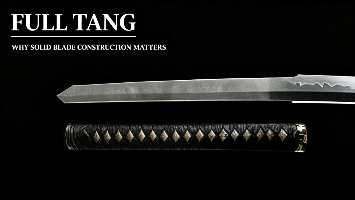 Diagram of a disassembled full tang katana, showing the continuous steel nakago extending from blade tip to pommel, with the handle (tsuka) separated