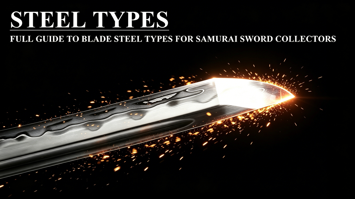 Comparison of 5 common katana blade steels: 1045, 1060, Damascus folded, T10, Sanmai Laminated Steel, texture and hamon contrast chart for samurai sword collectors
