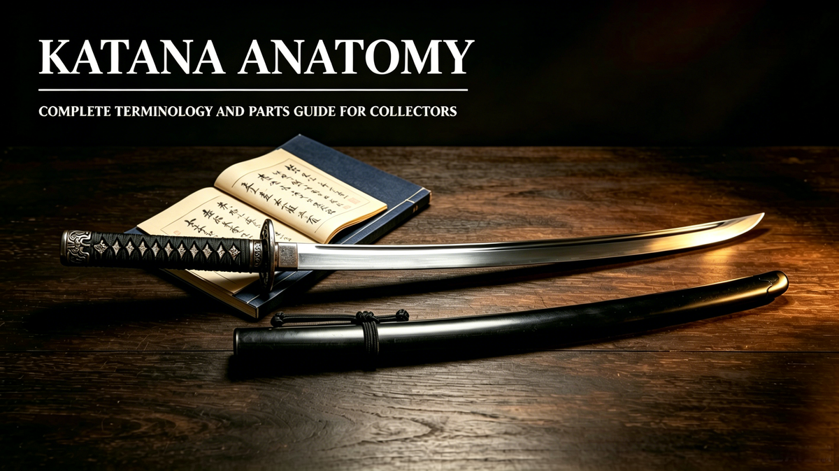 Labeled full view of ornamental katana and matching lacquered saya with all external fitting terminology marked for sword collectors, black minimalist studio background