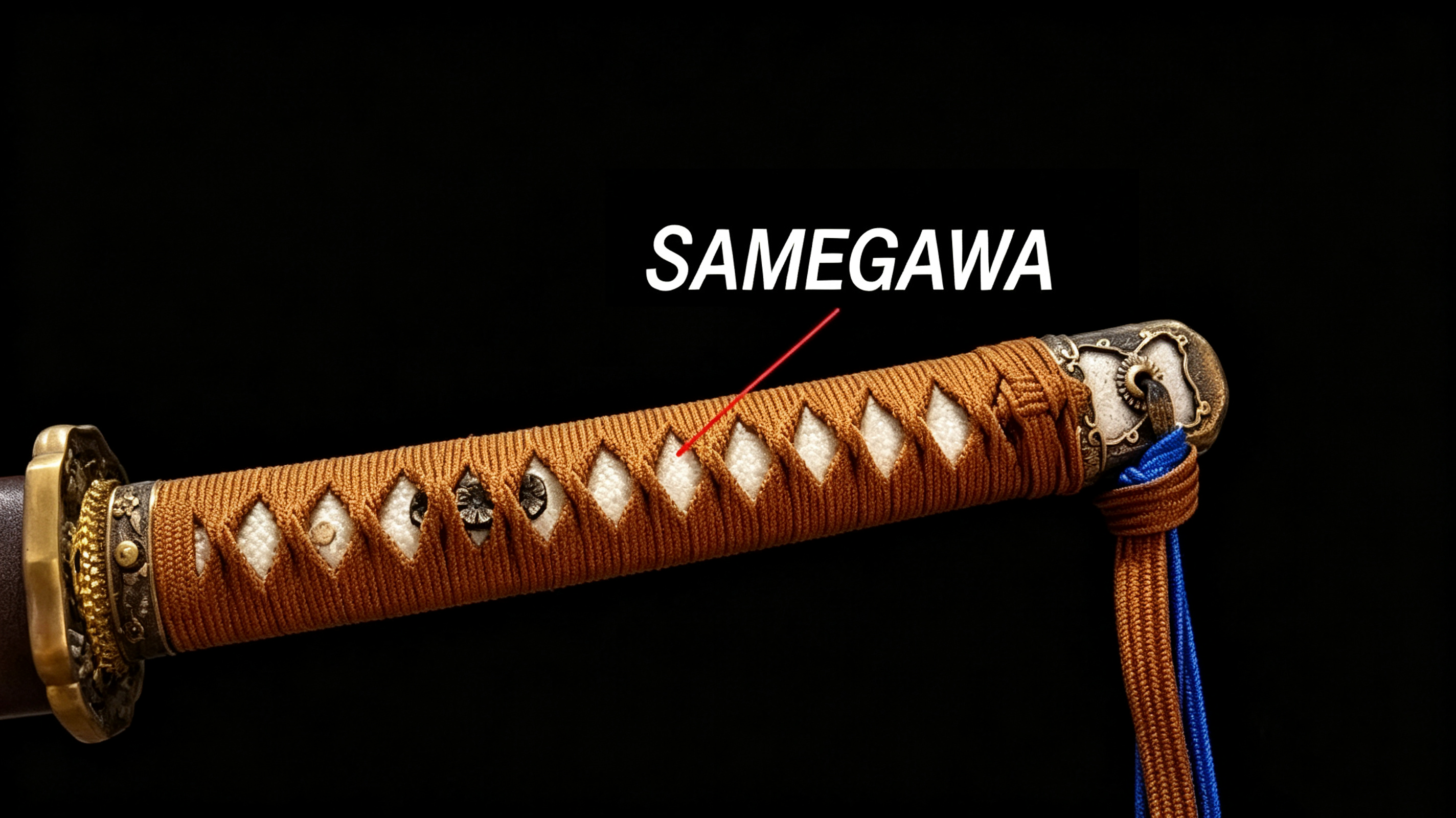 16:9 side‑by‑side collector comparison, genuine samegawa stingray hide versus synthetic imitation ray‑skin for katana tsuka