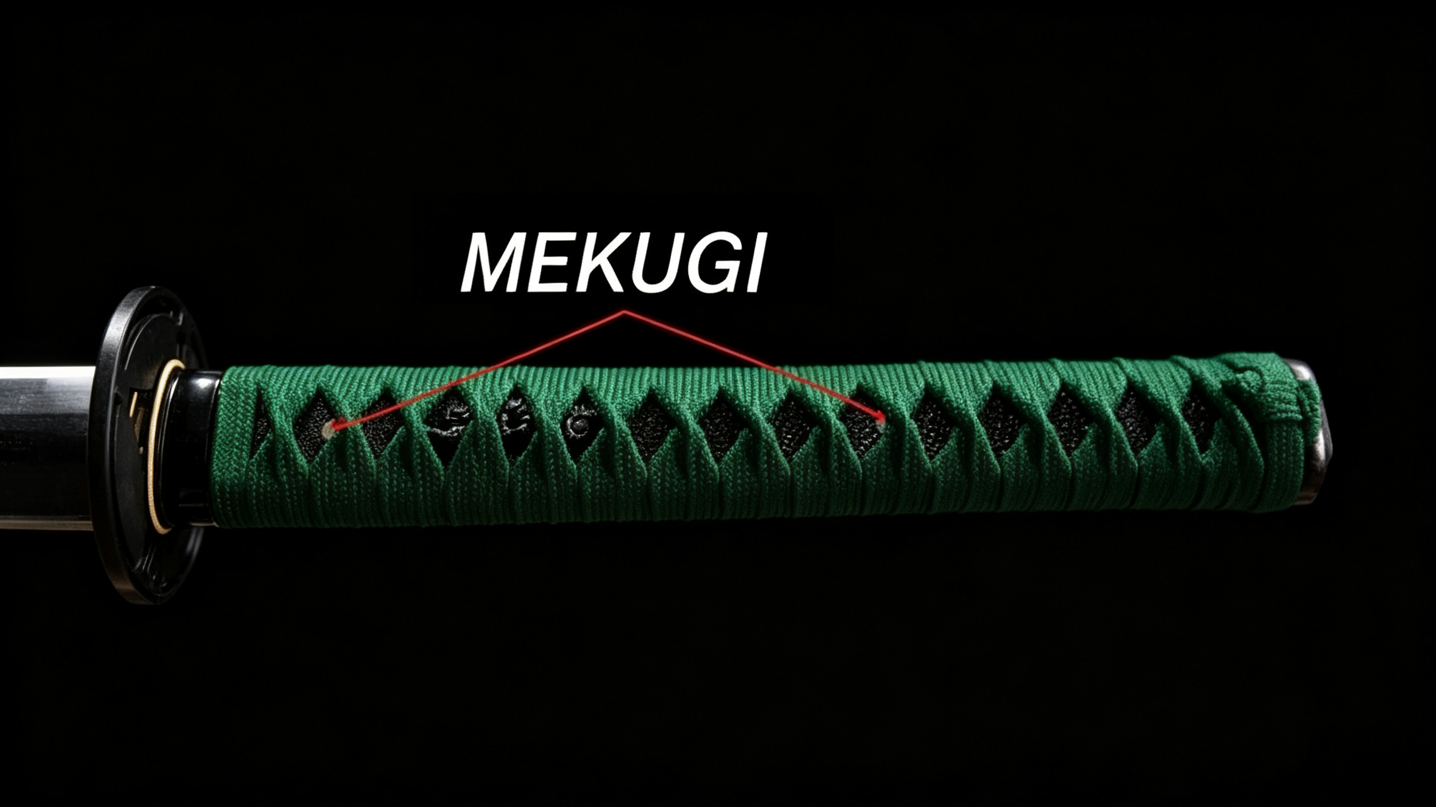 16:9 museum‑style photo showing four antique katana tsuka handle fixing‑method specimens for sword collectors