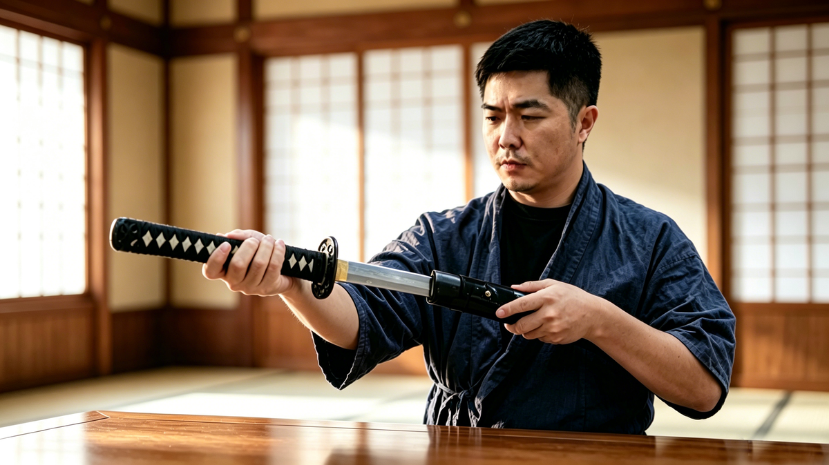 Complete handmade functional katana full set display, traditional samurai sword with polished blade and black lacquered saya scabbard