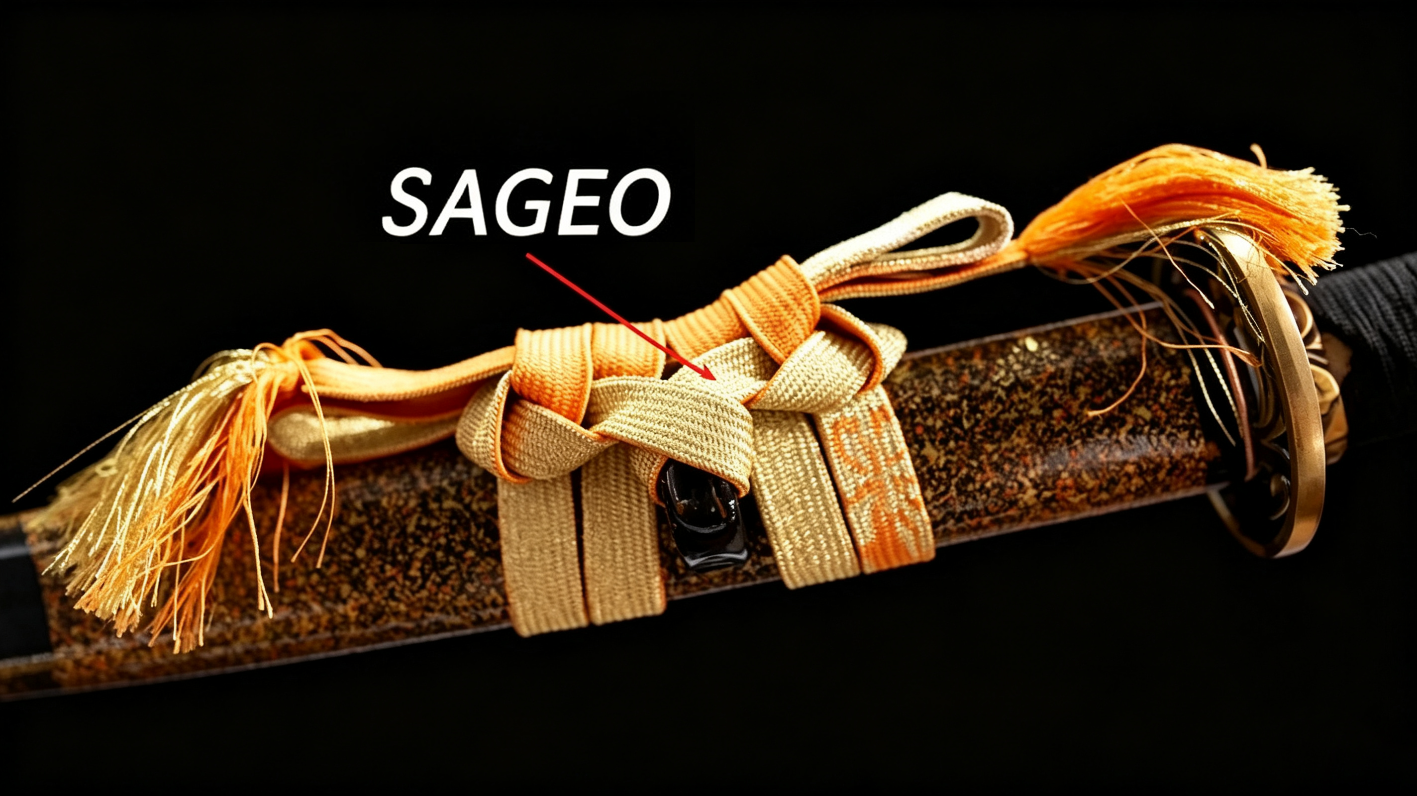 16:9 close‑up photograph showing woven sageo tied to katana saya, highlighting kurigata and traditional knot structure for sword collectors