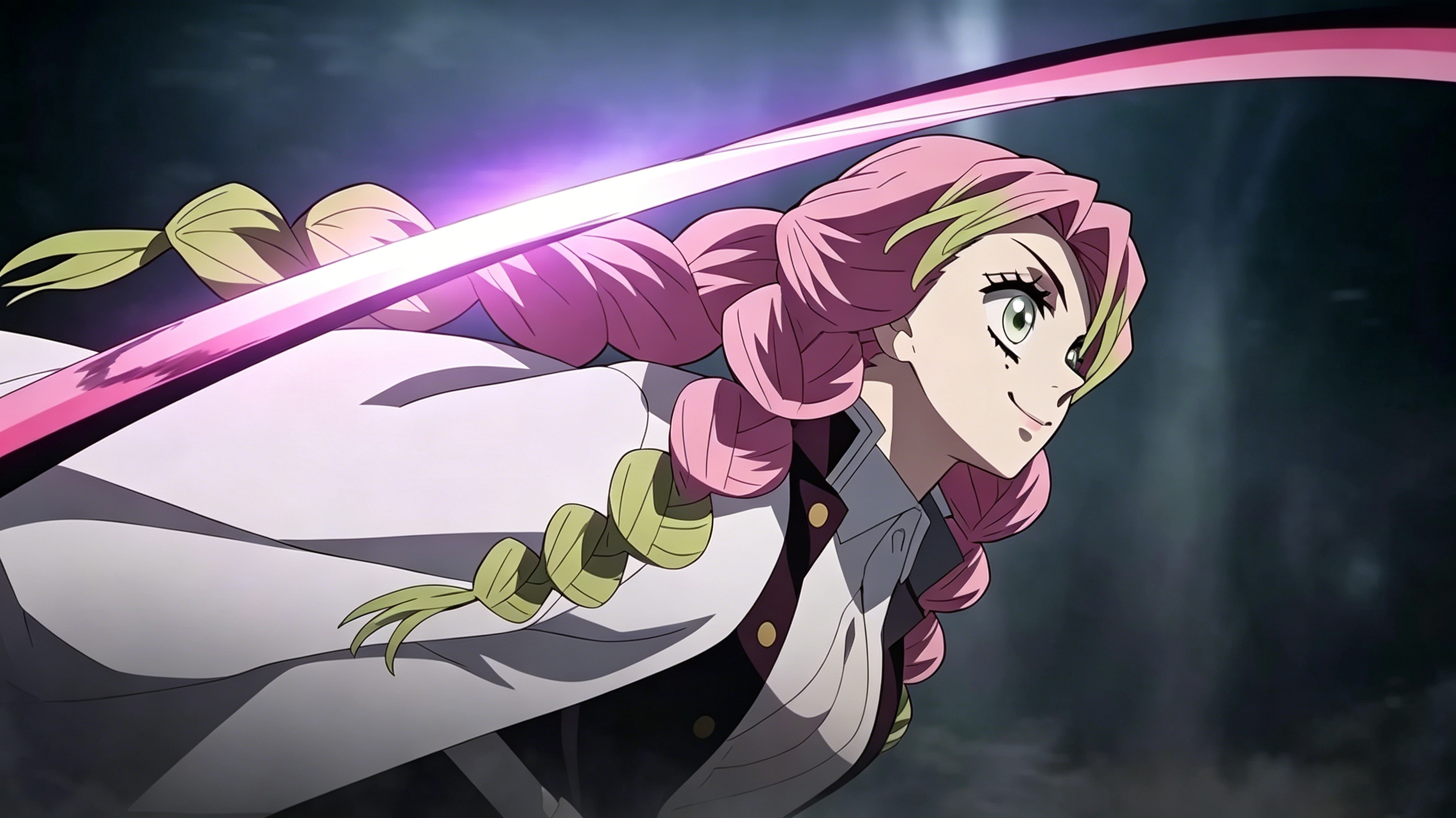 Kanroji Mitsuri drawing her pink Nichirin Sword in battle, from Demon Slayer anime