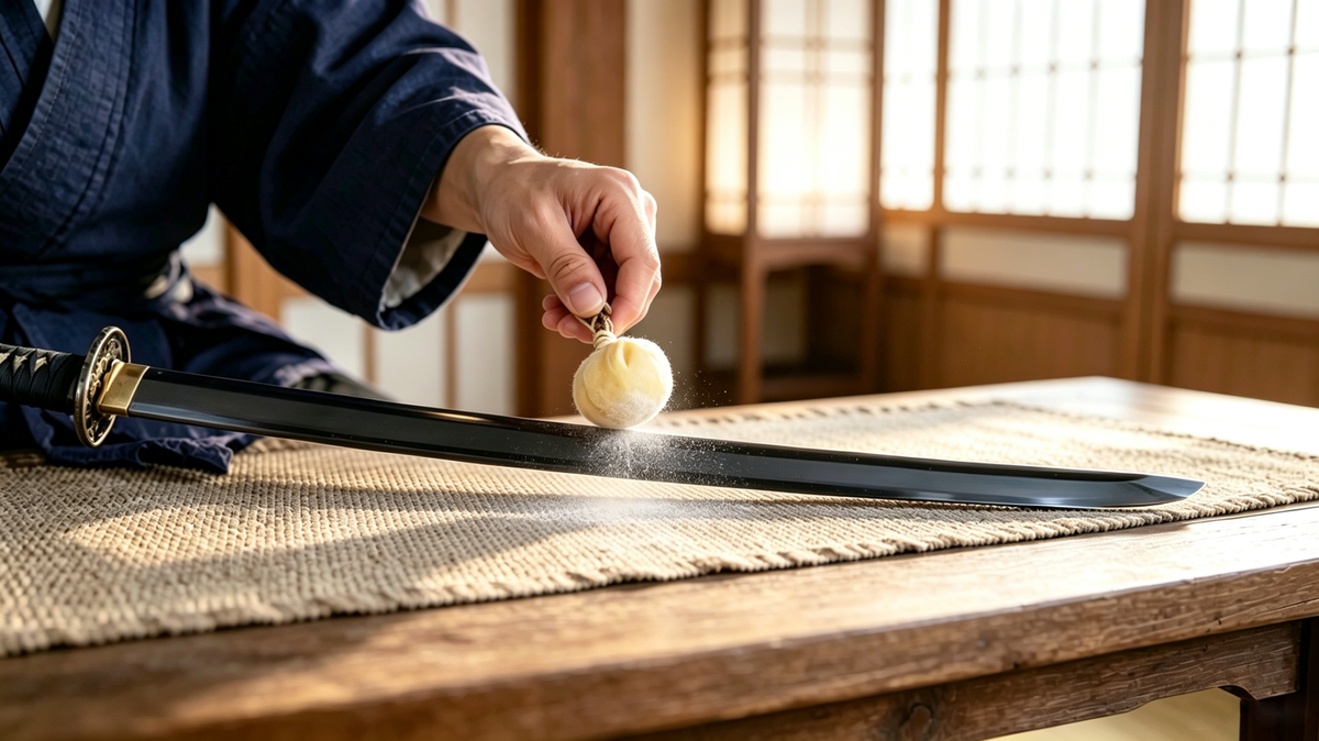 Complete traditional Japanese katana maintenance tool set laid flat on tatami mat for decorative sword collection care