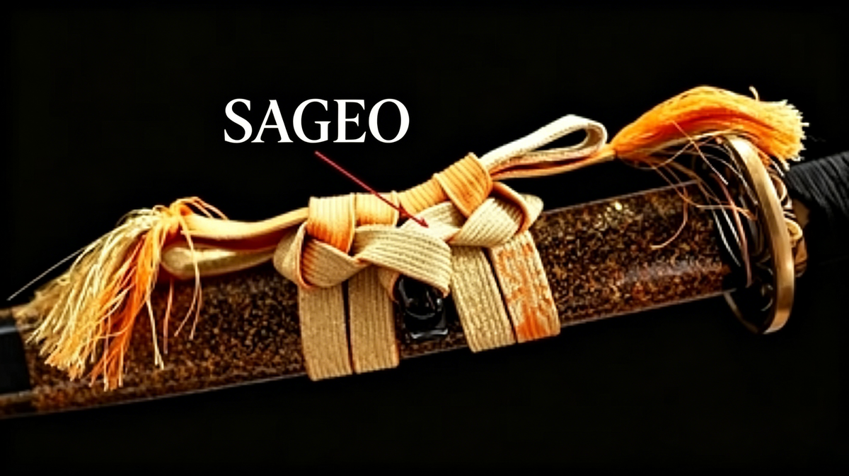 16:9 close‑up photograph showing woven sageo tied to katana saya, highlighting kurigata and traditional knot structure for sword collectors