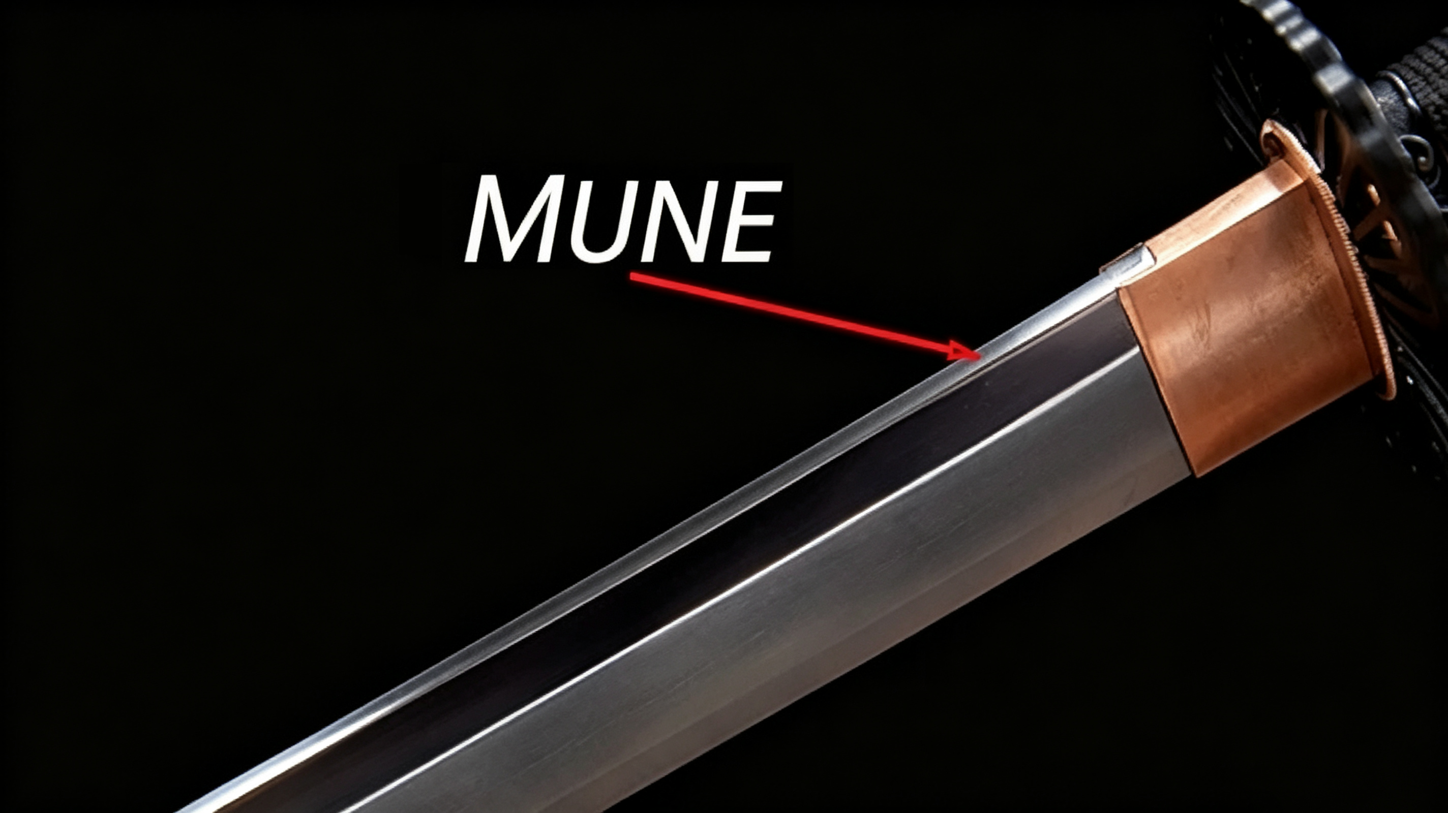 16:9 museum‑style annotated photograph, close‑up of katana blade with white label and white indicator arrow marking MUNE blade spine against solid dark background