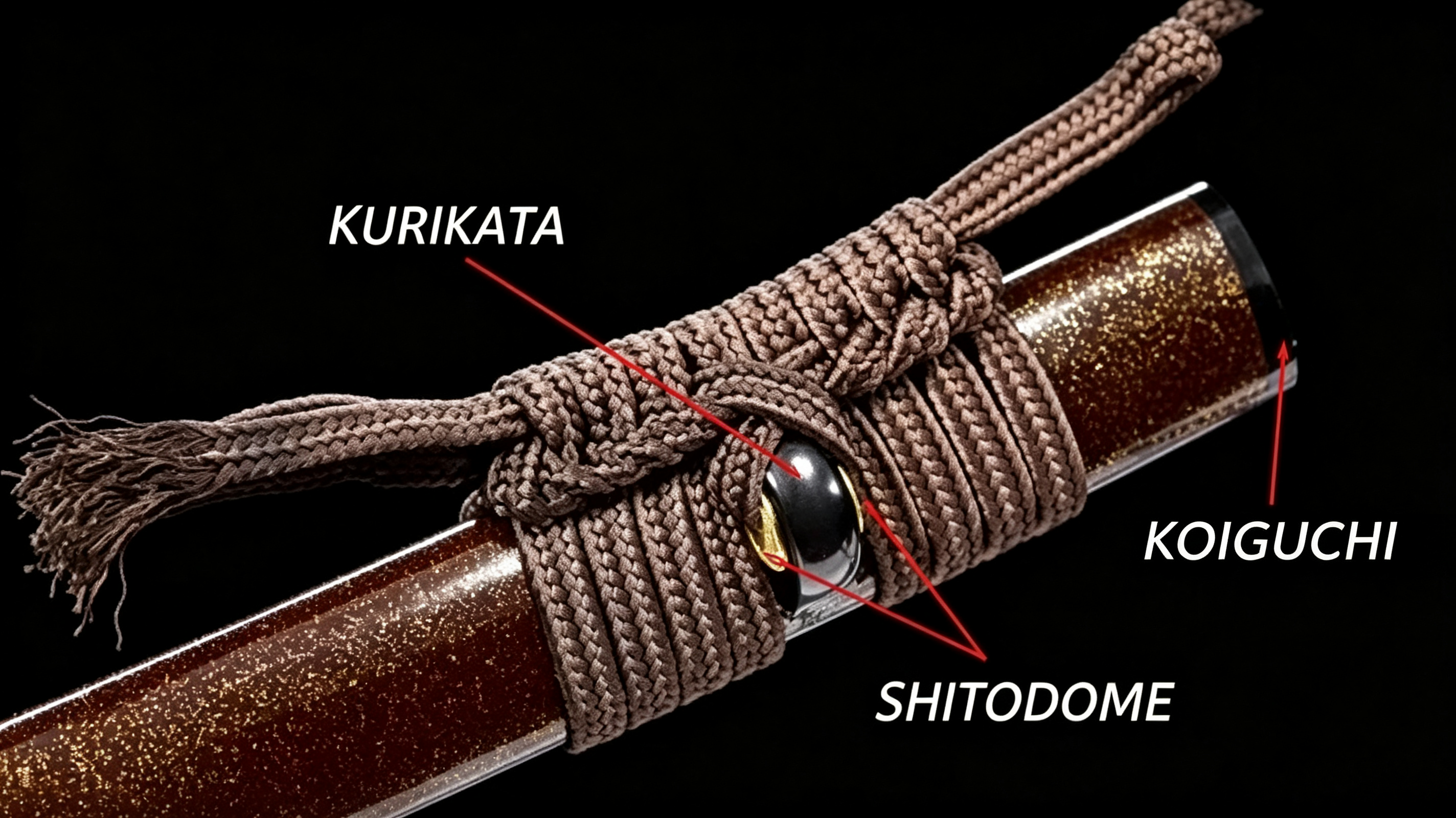 16:9 studio close‑up of lacquered katana saya on black background, white indicator lines marking KURIKATA, SHITODOME and KOIGUCHI scabbard fittings