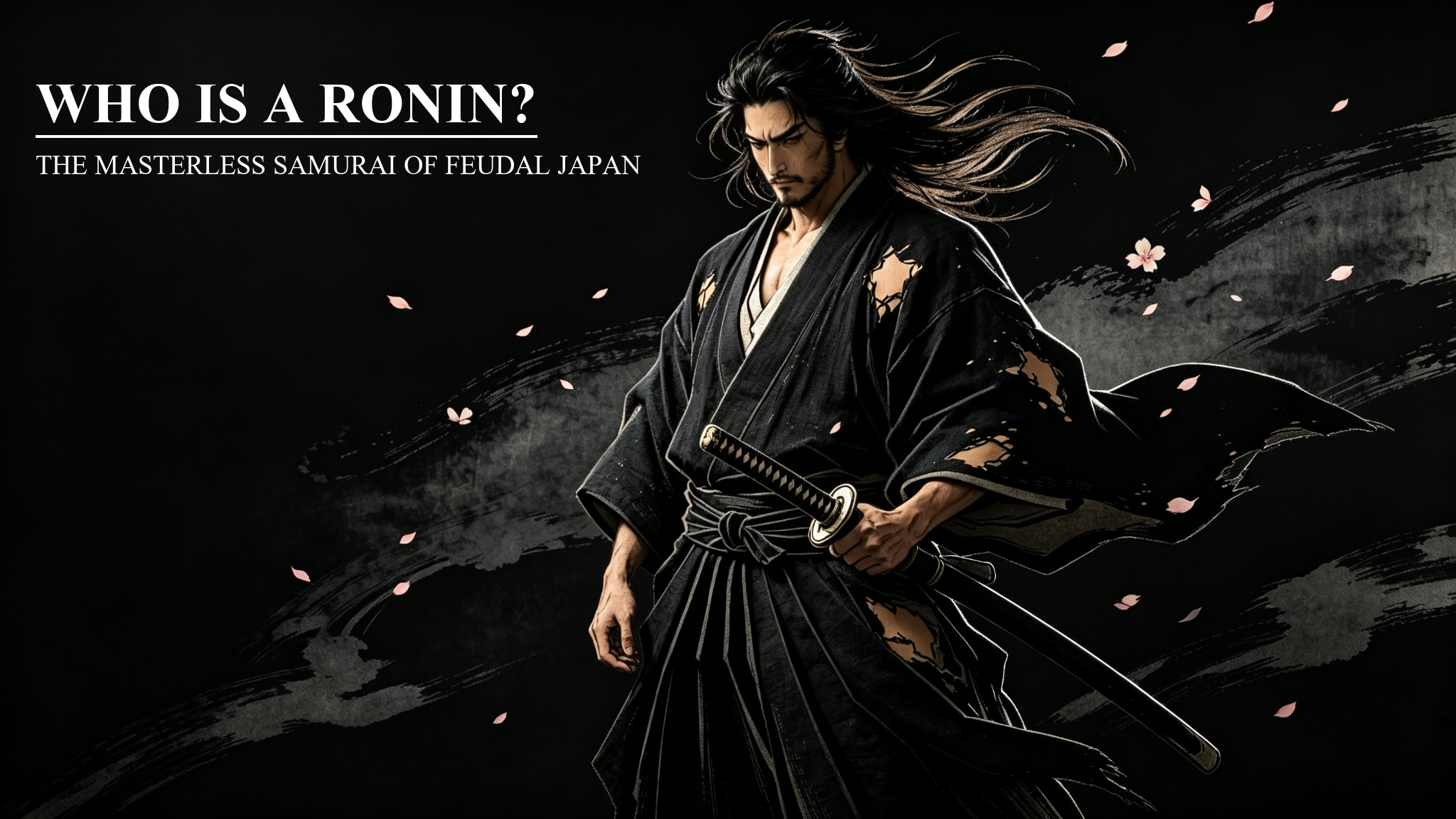 Ukiyo-e art of a lone ronin samurai clutching katana beneath twilight, traditional feudal Japanese illustration