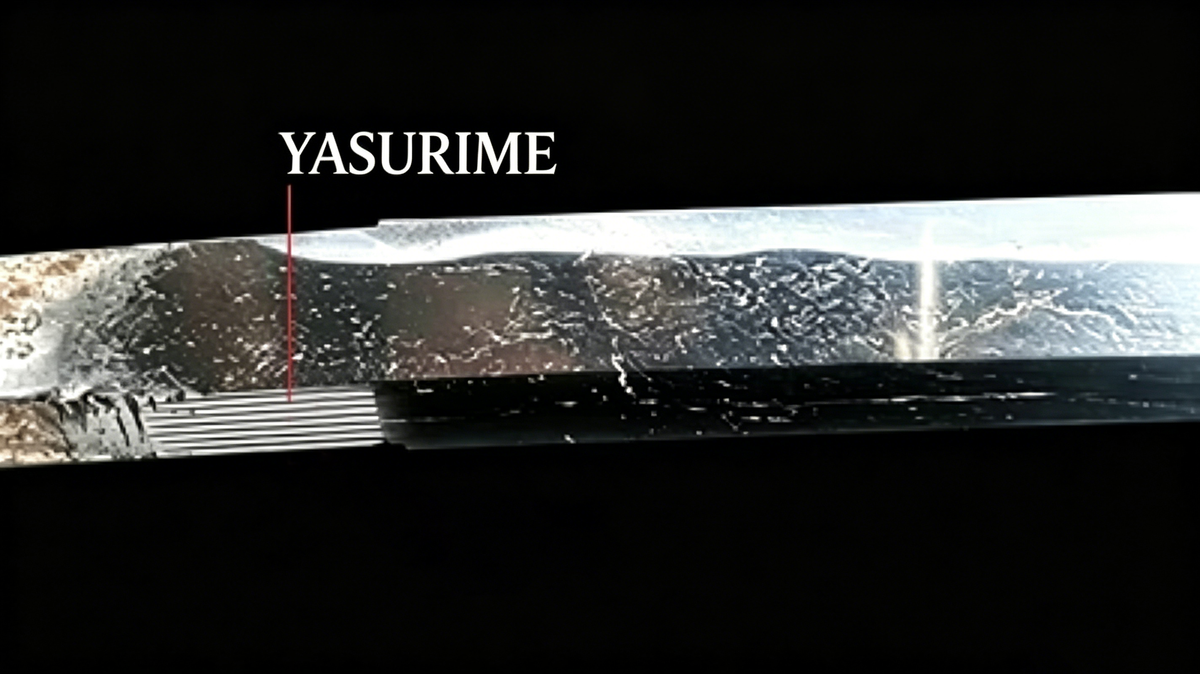 Close‑up photograph of nihonto blade showing yasurime file marks near habaki area, black background with technical annotation