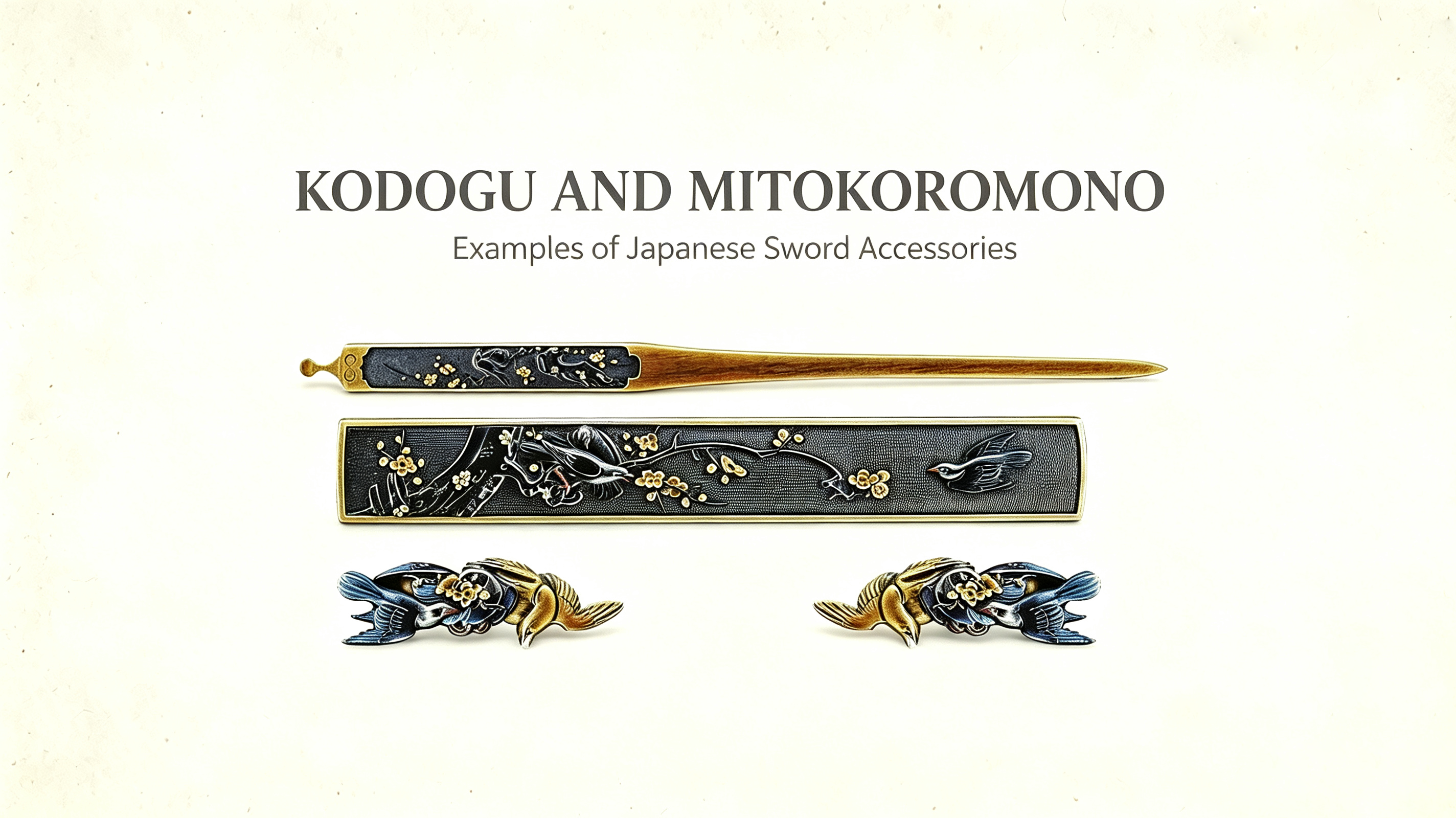 16:9 vintage-paper reference graphic showing kodogu and mitokoromono, examples of Japanese sword accessories, exhibits fuchi kashira, tsuba, menuki and mitokoromono specimen for collector reference