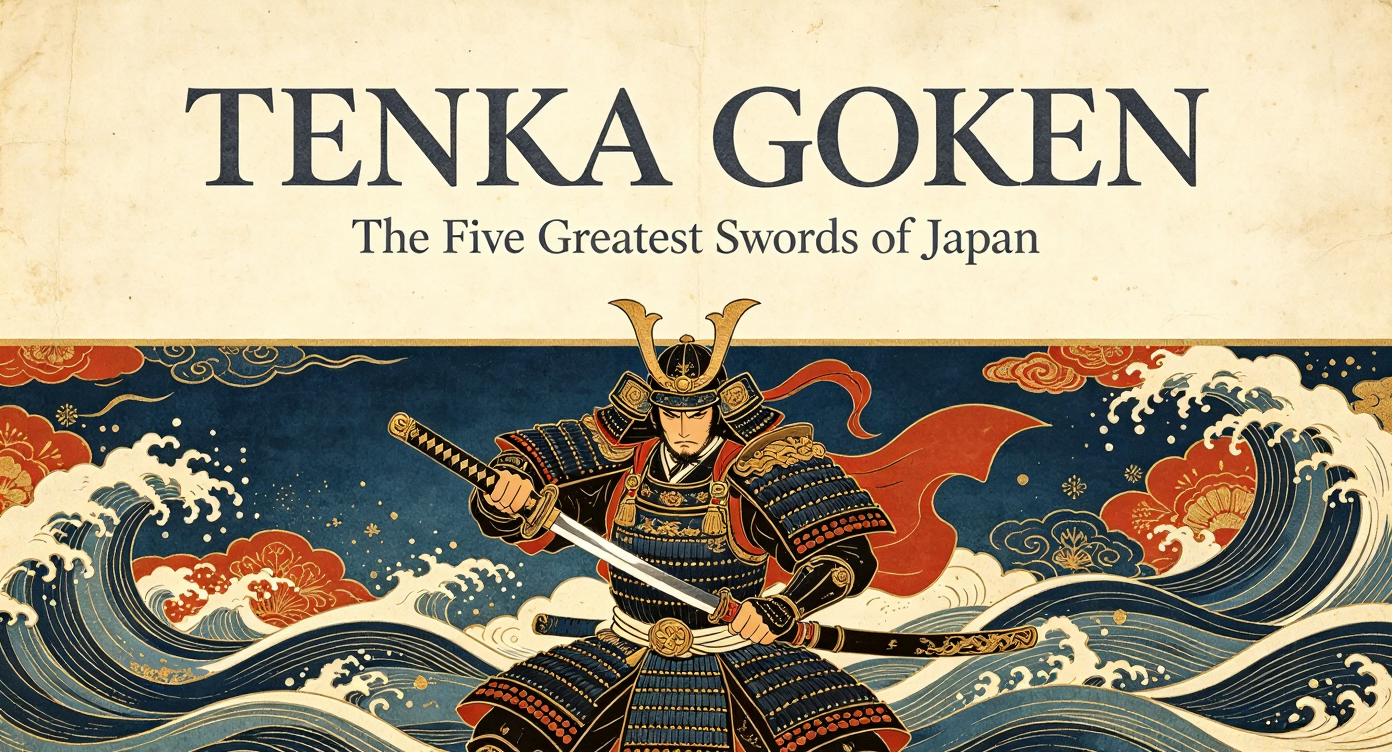 16:9 ukiyo-e woodblock print style cover of Tenka Goken with samurai warrior and Japanese title, vintage paper aesthetic for Japanese sword history blog