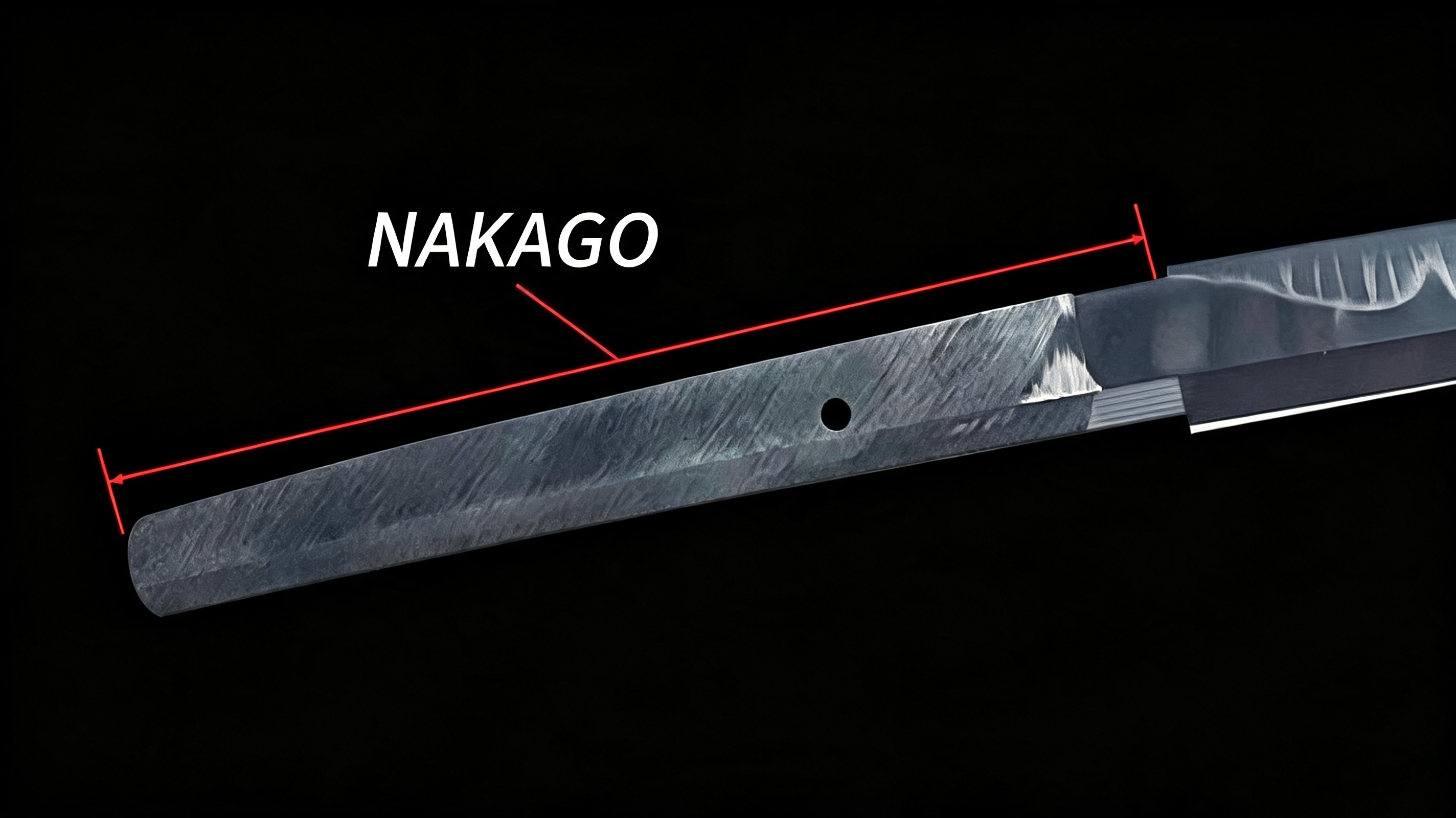 Black background studio photograph of nihonto nakago tang, white dimension leader lines marking the full tang section of japanese katana
