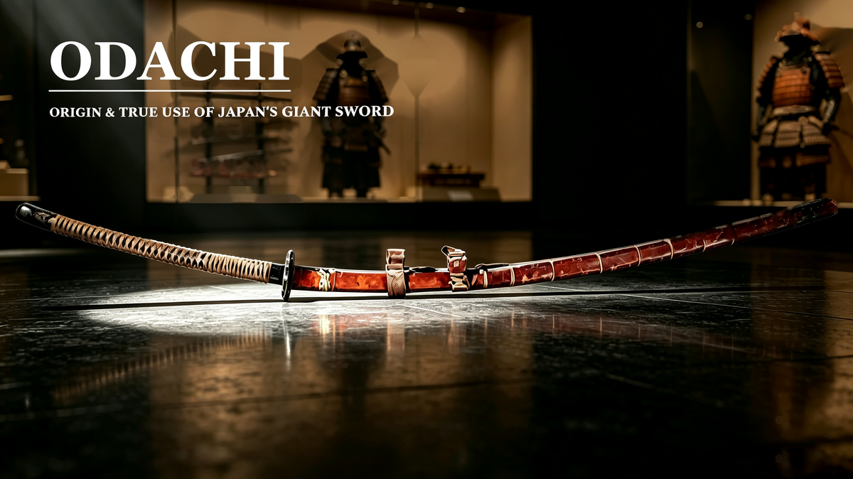 Full side view of sacred giant odachi Nenekirimaru complete structure, 3.4m length Japanese important cultural property tachi