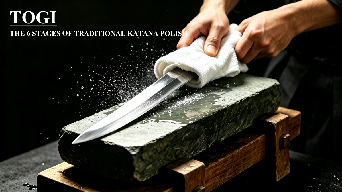 Traditional Japanese sword polisher kneeling on tatami mat working on katana blade with vintage wooden polishing jigs, authentic studio craft scene