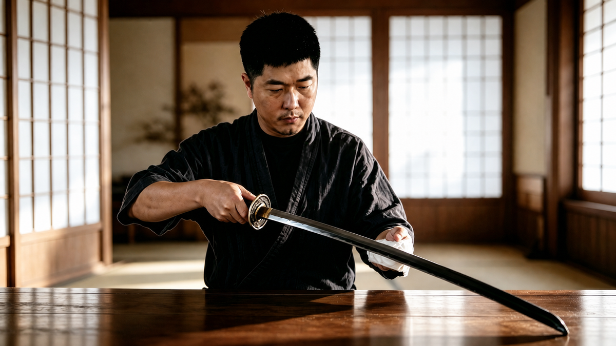 Collector drawing ornamental katana to inspect blade silhouette, hands-on real katana identification tutorial header image with traditional shoji screen background