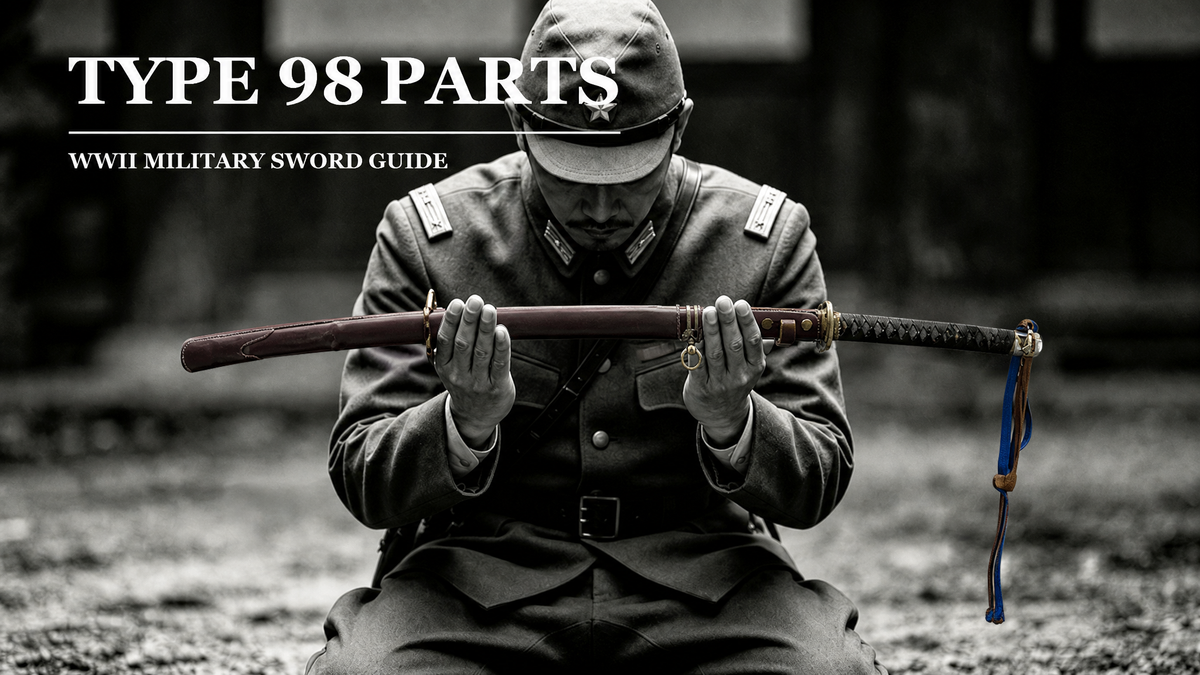 16:9 clean black-background product photograph of complete Type 98 WWII Japanese officer guntō, intact blade, wrapped hilt, full metal fittings and scabbard without text labels, visual cover for Japanese military sword terminology reference blog