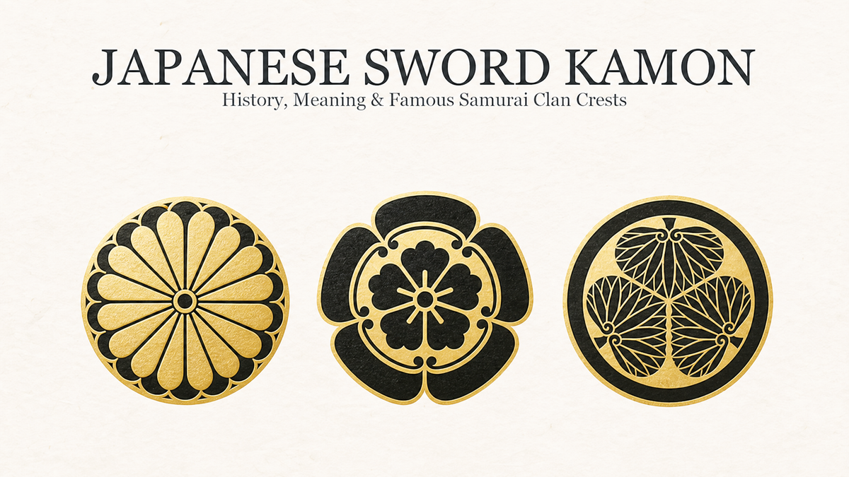 Close-up shot of golden Kamon family crest marked on vintage Japanese sword sheath, classic samurai clan emblem decoration against solid black background, 16:9 blog header image