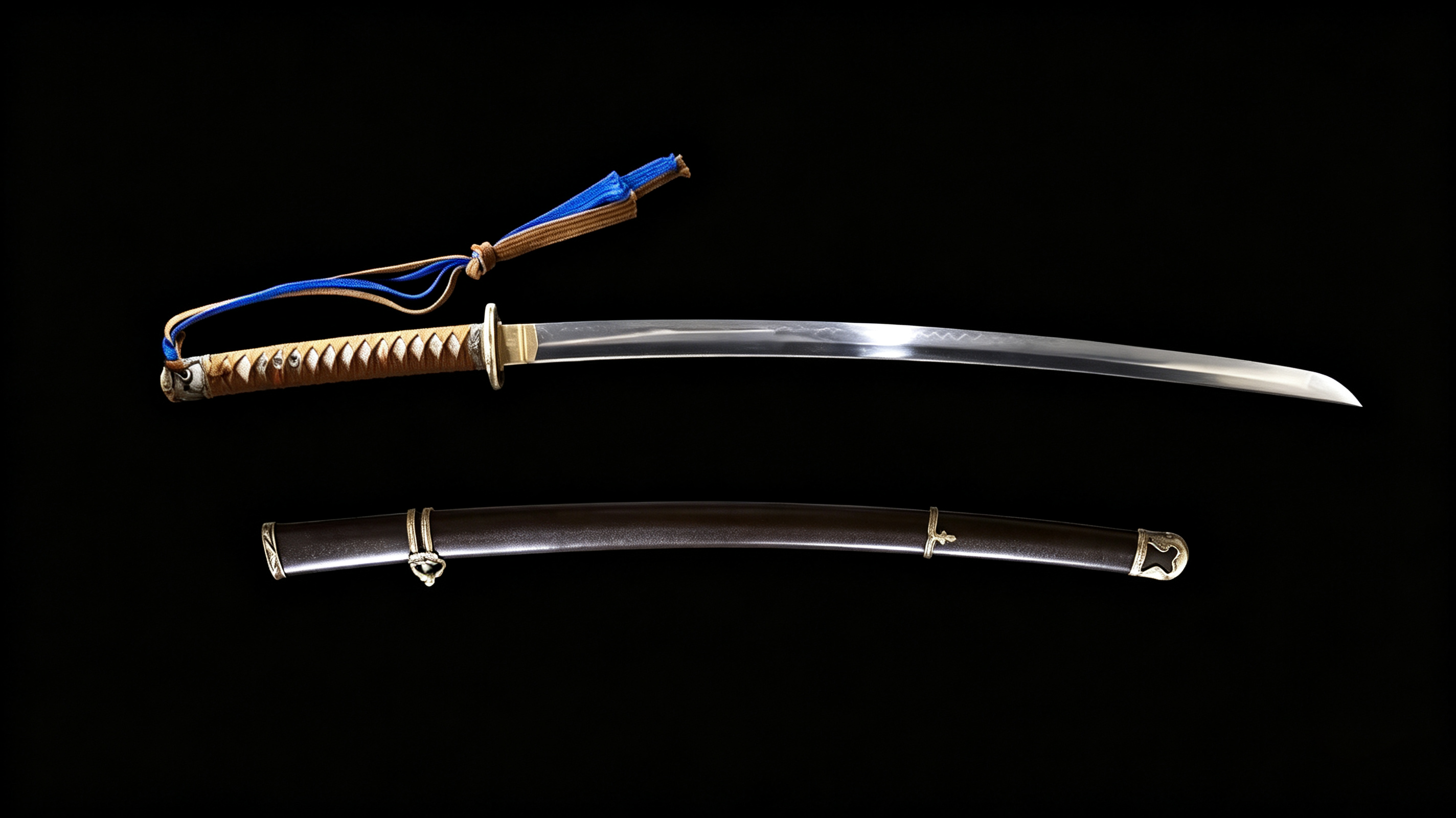 16:9 clean black-background product photograph of complete Type 98 WWII Japanese officer guntō, intact blade, wrapped hilt, full metal fittings and scabbard without text labels, visual cover for Japanese military sword terminology reference blog