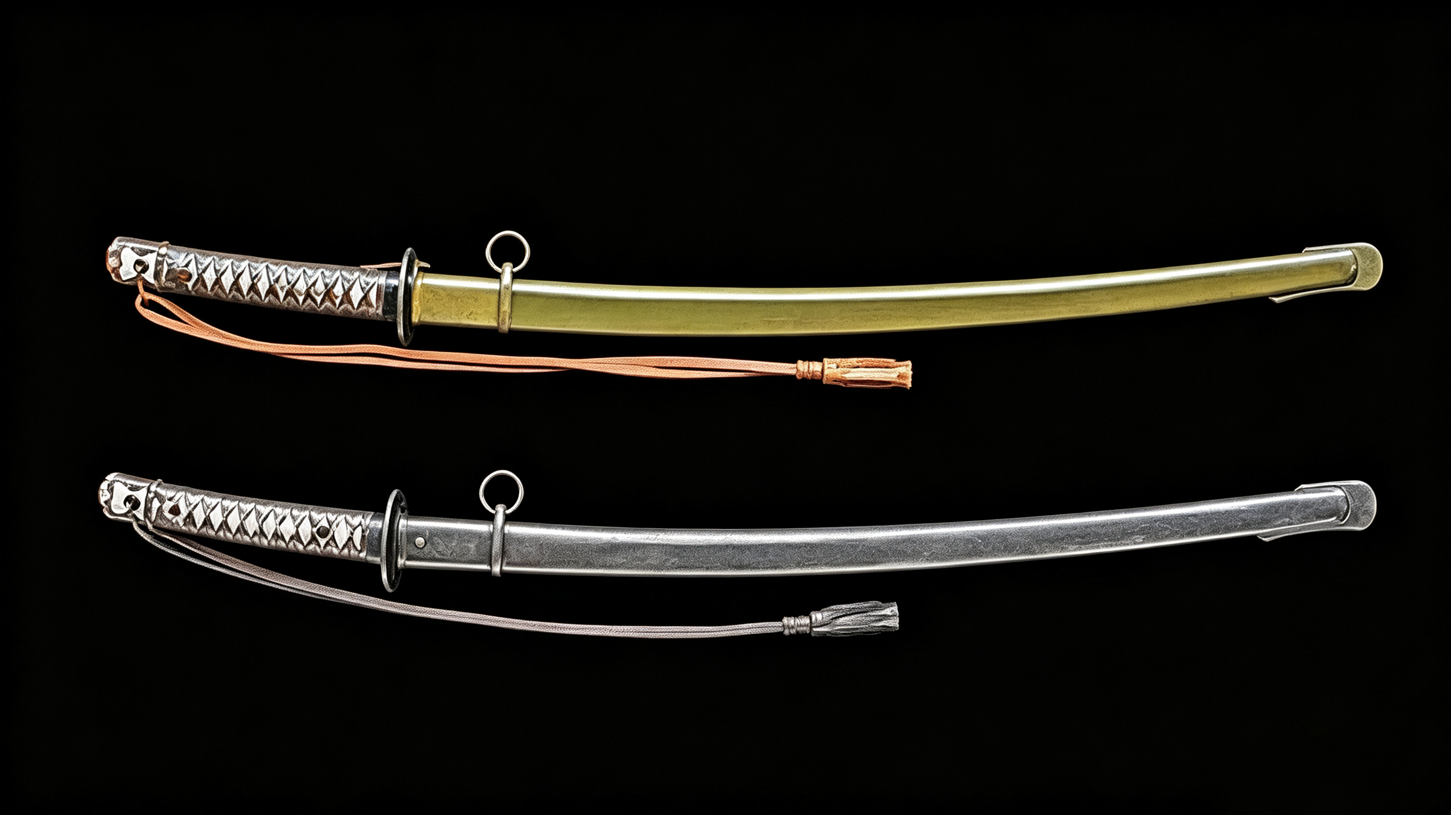 Full shot of original WWII Japanese Type 95 sergeant saber with full metal scabbard and brown leather strap, black background