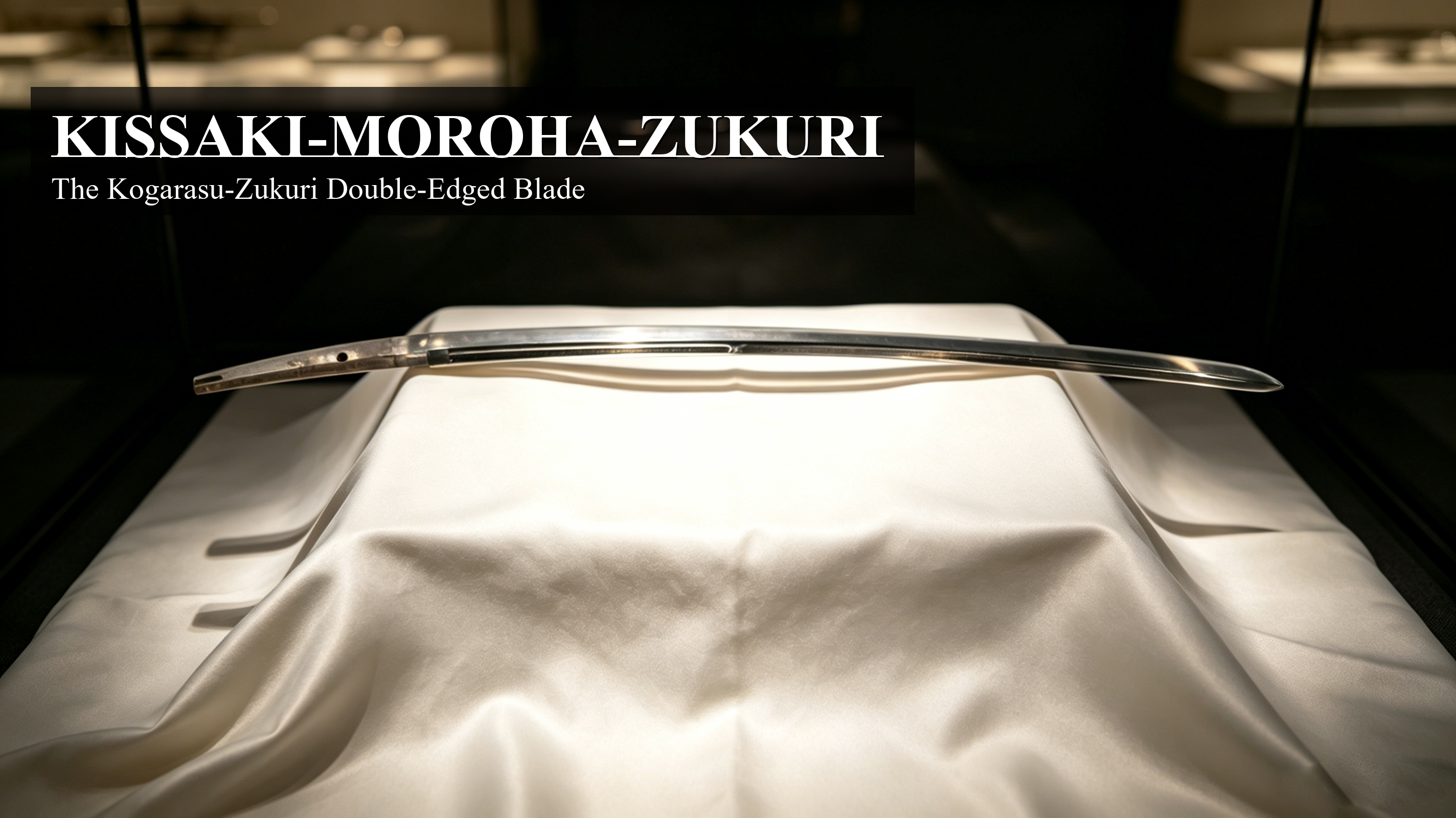 Kissaki-moroha-zukuri double-edged Japanese sword blade displayed on white silk in museum setting