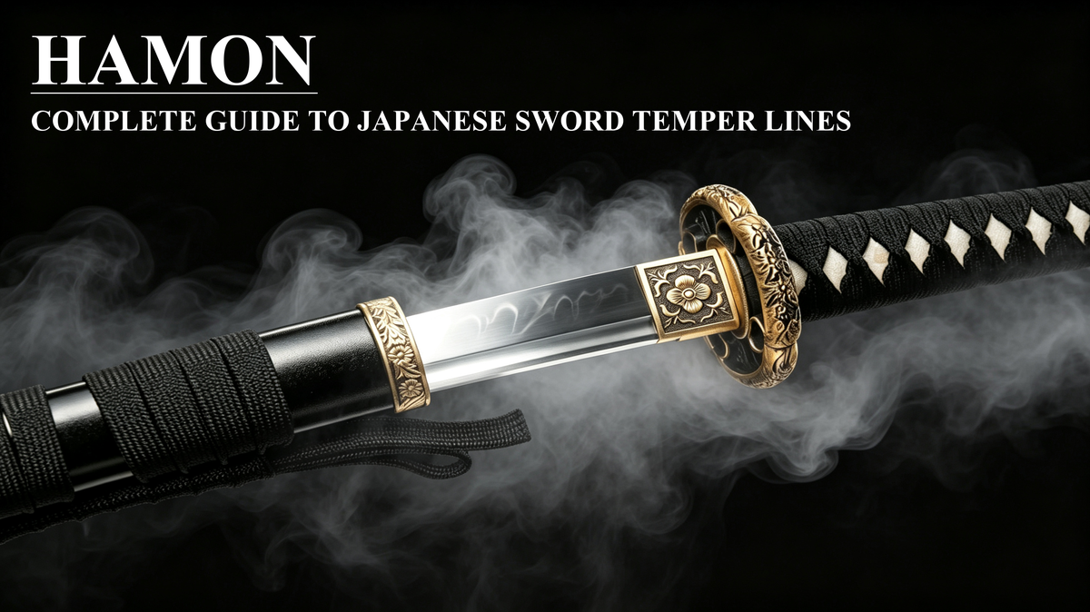 Close-up polished katana blade with red arrow marking distinct hamon temper line against solid black background