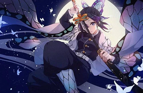 Kochou Shinobu drawing Nichirin Sword, classic battle scene from Demon Slayer anime