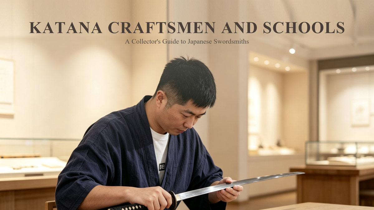 Japanese sword craftsman examining a katana blade in a warm museum setting with collection display cases