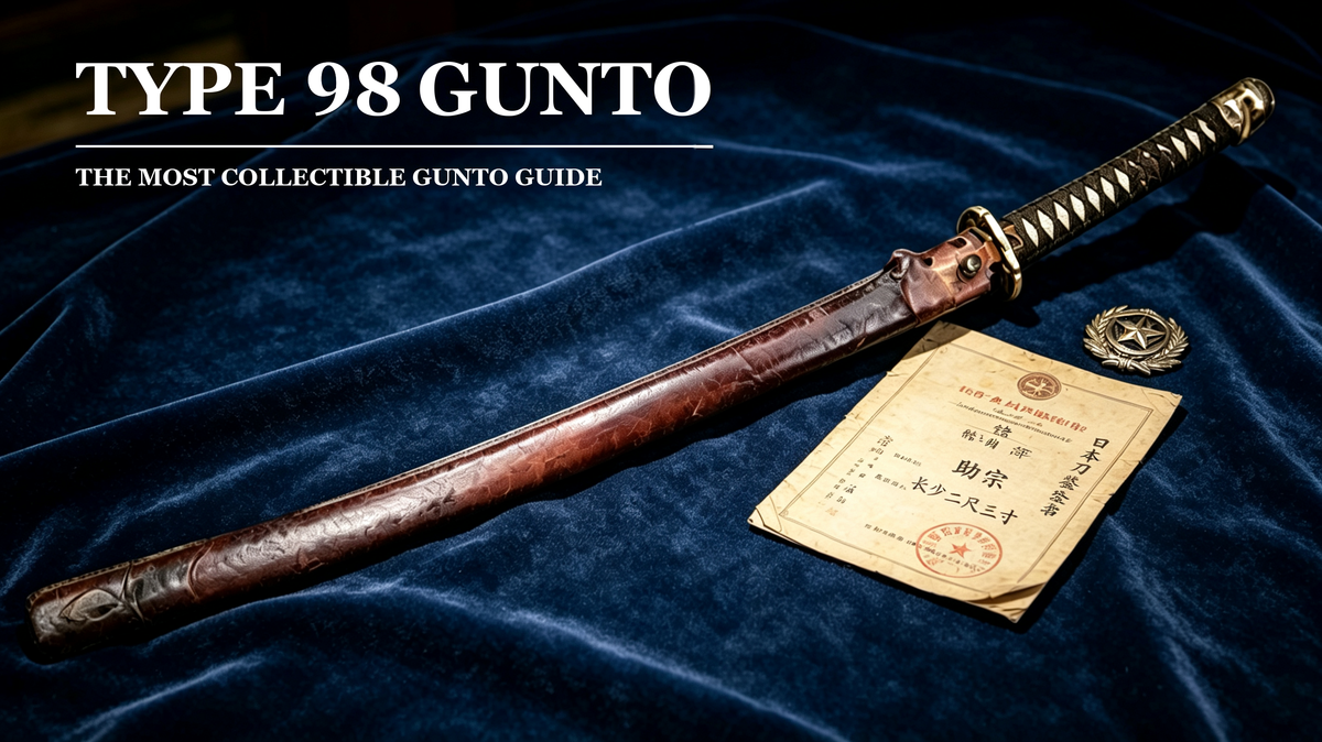Complete view of classic WWII Type 98 Guntō, Japanese senior officer military sword