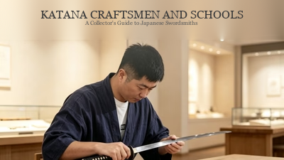 Japanese sword craftsman examining a katana blade in a warm museum setting with collection display cases