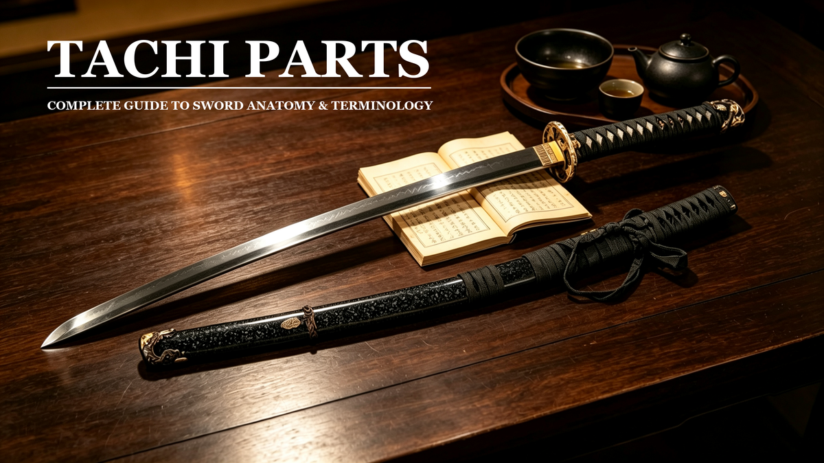 Fully labeled clean white background diagram of complete tachi koshirae with all nihonto sword fitting terminology, 16:9 educational cover graphic for tachi parts collector guide