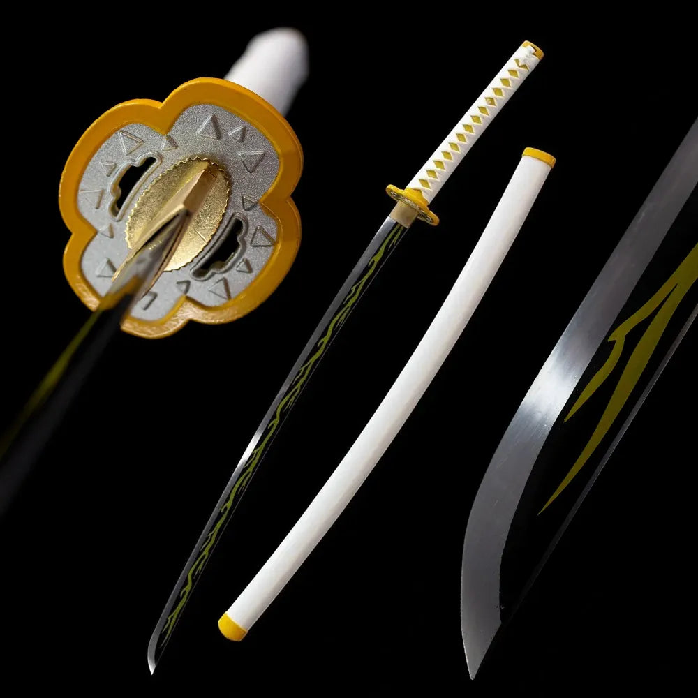 Agatsuma Zenitsu thunder‑breathing nichirin katana drawn golden‑lightning blade white saya full black‑background studio shot