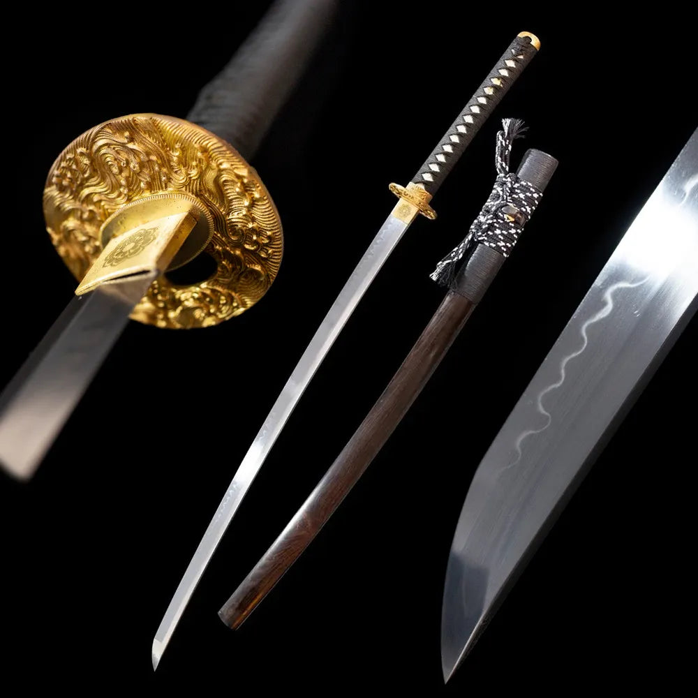 Comet‑Katana comet‑meteor cosmic‑astronomy‑celestial‑motif samurai katana drawn T10 midare‑gunome meteor‑tail‑flame‑ripping hamon blade deep‑void‑black star‑orbit‑comet‑tail saya full black‑background studio shot