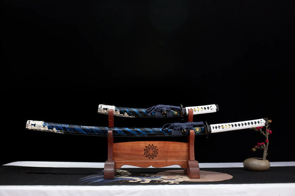 16:9 real product shot of Ghost of Tsushima Jin Sakai Sakai Steel katana replica, complete display set with wooden sword stand for collection