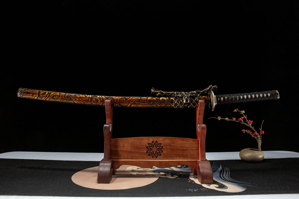 Wind and Cloud Katana straight front view, antique white copper cloud fittings
