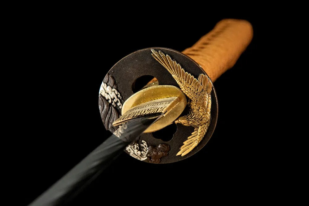Wild Goose Katana tsuba front view, copper gold-plated silver hand guard