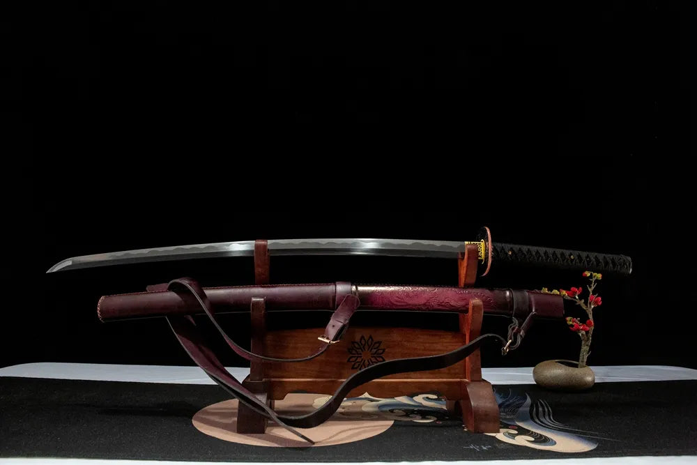 Unsheathed Valiant Phoenix Katana, folding forged steel blade with forge pattern