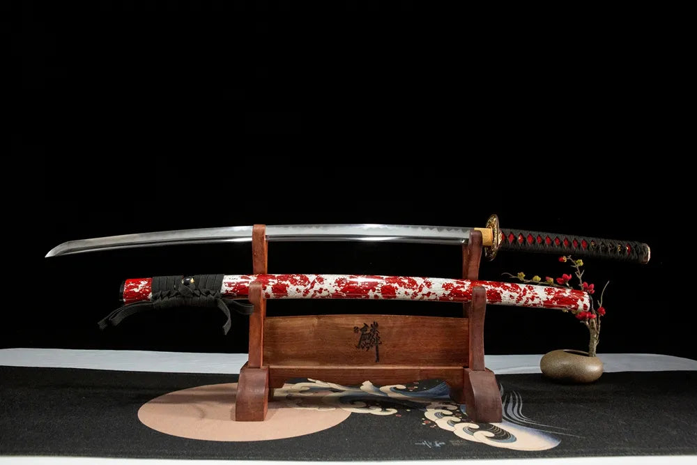Unsheathed Flame Katana, folded steel blade with handmade HI and Gunome hamon