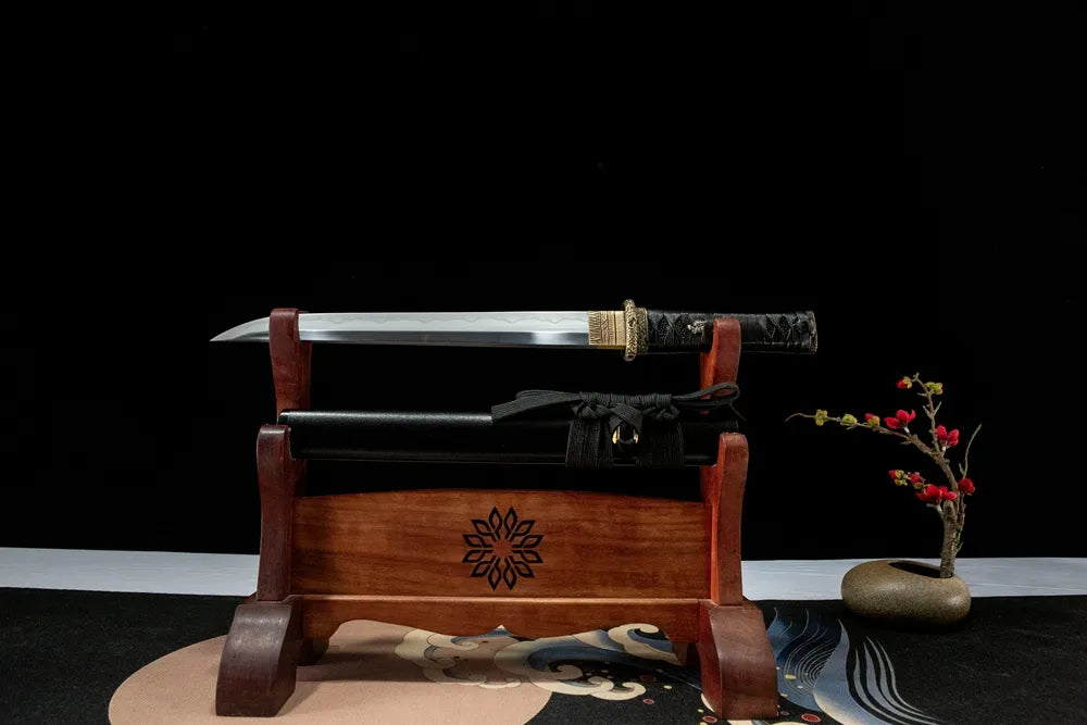 Unsheathed Acalanatha Tanto, T8 steel blade with Gunome hamon line