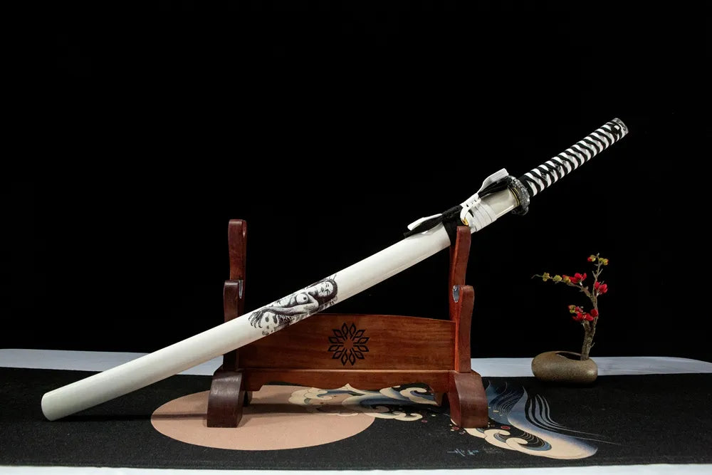 Demon Girl Katana front angled view, solid wood lacquered saya
