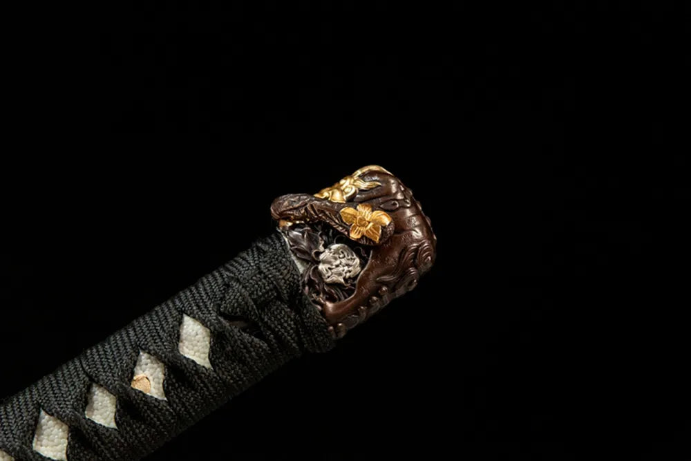 Lion King Tachi handle closeup, traditional silk wrap texture