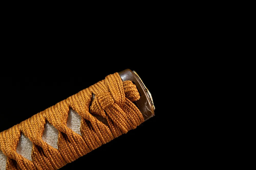 Wild Goose Katana handle closeup, traditional silk wrap texture