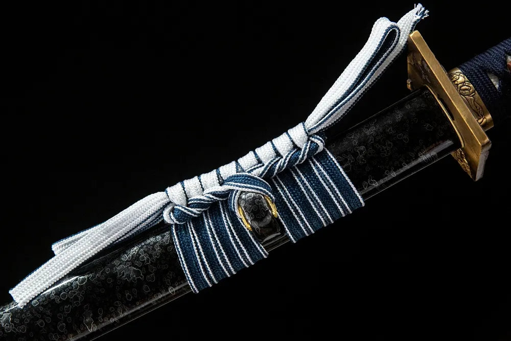 Azure Wind Katana cotton sageo cord closeup, traditional sheath tie