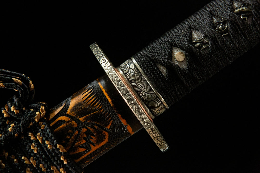 Wind and Cloud Katana fuchi, antique white copper handle collar cloud motif
