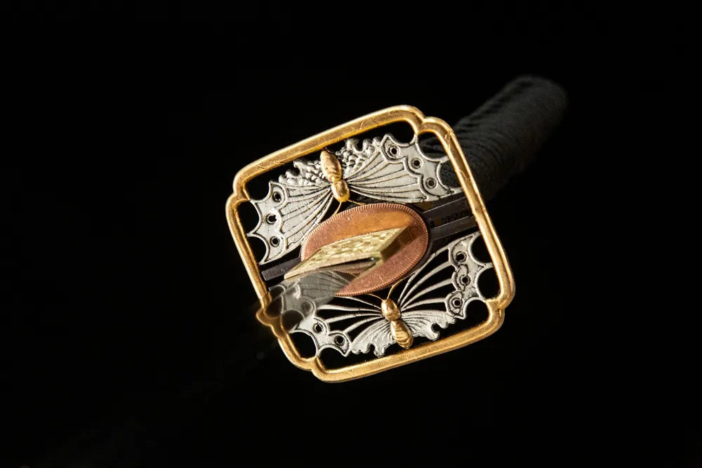 Butterfly Katana tsuba front view, handcrafted butterfly motif copper gilded gold silver hand guard